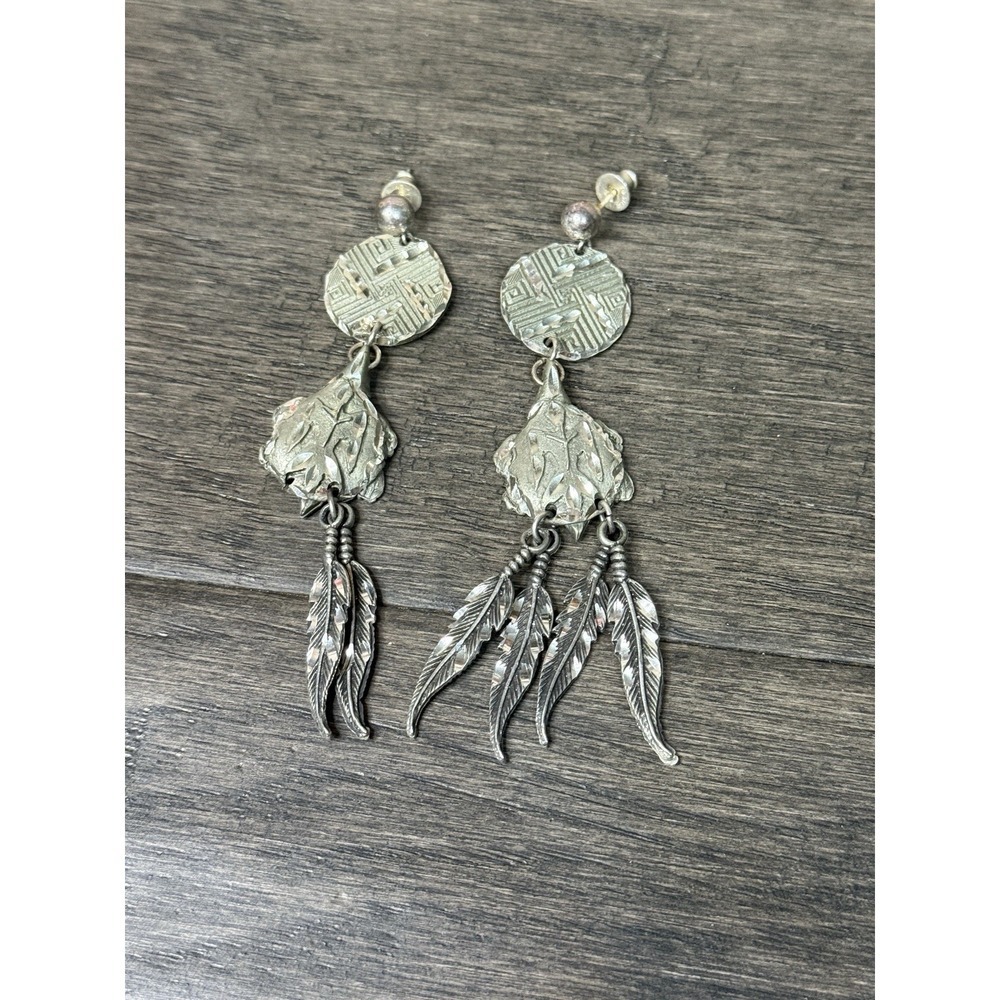 Vintage Evelyn Stone Native American lucky Turtle Silver Pewter Dangle Earrings